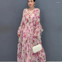 Casual Dresses Floral Print Chiffon Dress For Female Petal Sleeve Summer Patchwork Loose Thin Beach Wear