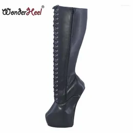 Stövlar Wonderheel 8 "Heelless Sexig fetisch Hoof Heels Matte Leather Fashion Platform Knee High Modern Horse Ponying Shoes