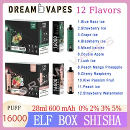 Äkta ELF Box Shisha 16000 Puff Disposable E Cigaretter Pod 600mAh Uppladdningsbar batterityp-C 12 smaker 0% 2% 3% 5% kapacitet 28 ml ångor