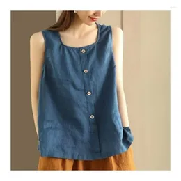 Zbiorniki damskie 2024 Summer japońsko vintaver pullover patchwork o nokół moda moda swobodny stały kolor luźny bez rękawów