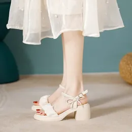 2024 Summer Fashion Sandals Bow Pearl One Line Buckle Thick Heel Casual Women Shoes 240508