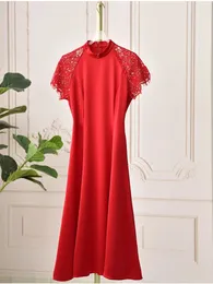 Casual Dresses Top End Women Chinese Style Lace Short-Sleeved Cheongsam Dress Elegant Lady Stand Collar High midja Slim Female Prom Gown