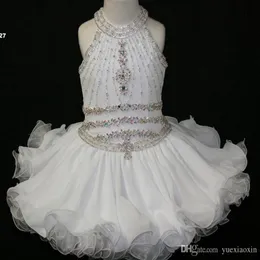 Elegantes weißes Cupcake Kleinkind Festzug Kleider Halfter Perlen Prinzessin Kleid Erste Heilige Kommunion Kurzblumenmädchenkleider für Hochzeit Teil 172m