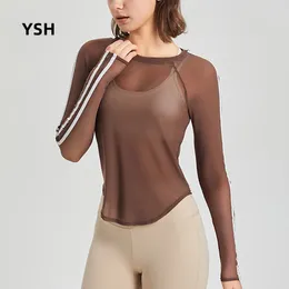 Aktiva skjortor yushuhua mesh sport toppar kvinnor skarv färger fitness långärmad tunt yoga topp gym smal snabb torkning löpning träning t t