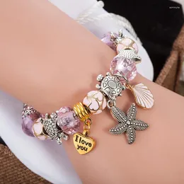 チャームブレスレットViovia Bracciale Color Oro Pink Sea Series Surtidor Starfish Bracelet for Women Seashell Pendant Bangles Jewelry B16059