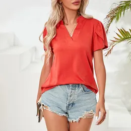 여자 T 셔츠 캐주얼 셔츠 단색 느슨한 톱 여름 패션 v 목걸이 칼라 짧은 소매 기질 블라우스 탑