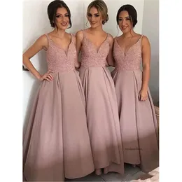 2019 Elegancka z koralikami satynowa druhna Blush Pink Maid of Honor Dress v Neck Evening Party Wedding Gości sukienki na zamówienie 0510