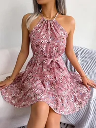 2023 Casual Oneck ärmlösa mini korta sundress klänningar för kvinnor sommar snörning sexig blommig tryck halter ruffles vestidos 240506