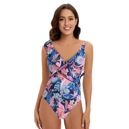 Kvinnors badkläder 2024 Ny One Piece Womens Swimsuit One Piece Tryckt Ruffled V-halsuppsättning av konservativ baddräkt