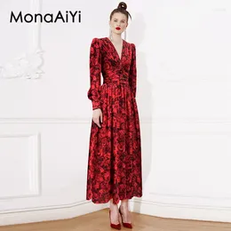 Vestidos casuais Monaaiyi Fashion Runway Designer feminino Lanterna em V Lanterna Longa de mangas compridas Pleated Pleed Pried Ball Grown Vester Maxi Dress