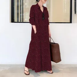 Lässige Kleider Damen Frauen Boho Langarm Langarm Maxi Kleid Baumwoll -Leinenhemd mit Revers und Taschen Vestidos Femenino