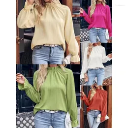 Kadın Tişörtleri 2024Summer Modaya Modeli Avrupa ve Amerikan Tarzı Düz ​​Renk Gidip Lotus Yaprak Yaka Gevşek Uzun Kollu Üstler Gömlek Com