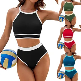 Frauen Badebekleidung 2024 Neue Frauen Schwimmen Top High Taille Bikini Set Solid Color Sports Schwimmbad Top Zwei -Stück -Set