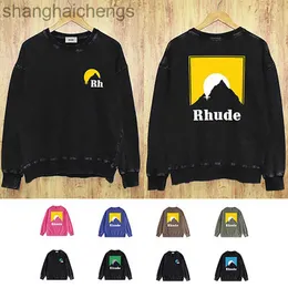 Luxury Counter Top Grade Designer Rhuder Hoodies Trendy Hip-hop Washed Worn-out Hoodie Fabric Loose Street Hip-hop Sunrise Mountain Print Hoodie with Logo