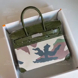 12A Mirror Quality Luxury Classic Designer Bag Woman Handbag All Handmade äkta läder lapptäcke Krokodil 30 cm stor kapacitet Creative Camouflage Color Tote