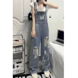 Kadın Tulumları Tulumlar Denim Tulumlar Kadın Tek Parça Kıyafetler Kadınlar Salınıklar Gevşek Delik Tasarım Amerikan Tarzı Günlük Vintage Playsuits Kadın Giyim Y240510