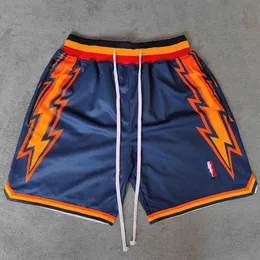 Herrshorts MM Masmig Navy Golden State Flash Printed Basketball Shorts med blixtlåsfickor Curry Street Style Sports Trainpants J240510