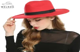 Welrog Black Red Fedora Hüte für Frauen Imitation Wool Fedoras Panama Filz Hut Winter Männer Jazzhüte Trilby Chapeau Femme Caps Y20015255811