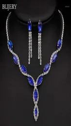 Blijery Silver Plated Royal Blue Crystal Wedding Jewelry Set for Women Leaf Tassel Long Necklace Earrings Bridal smyckesuppsättningar13007019083