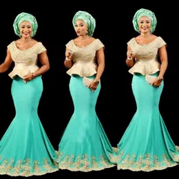 ASO EBI Black Girls Mermaid Evening Evening Suknie Rękawy Cap Peplum African Prom Sukienka Długie koronkowe aplikacje Krzyki Formalne przyjęcie koktajlowe D 241a