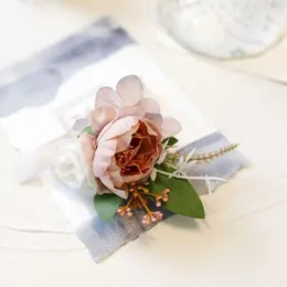 Pulseiras de casamento feminino de pulso floral pulseiras pulseiras de fita rosa rosa dama de honra flores de mão boutonries de casamento acessórios de baile de criação de casamento