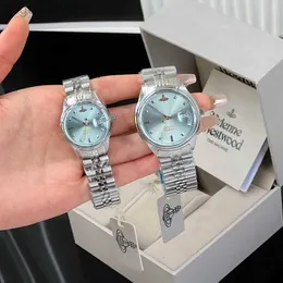 Queen Dowager Quartz Watch Watch 여자 부러진 아이스 블루 패션 스틸 밴드 커플 방수 캘린더 학생 Watch68y2