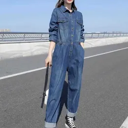 Women's Jumpsuits Rompers Oversized Denim Jumpsuits for Women Blue Denim Long Slved Loose Playsuits High Waist Casual One Piece Outfits Women Overalls Y240510