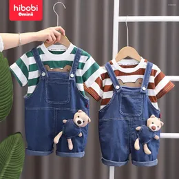 Kläder sätter hibobi tvådelar set spädbarn och småbarn randig kortärmad t-shirt kostym barn pojkar sommar casual denim shorts