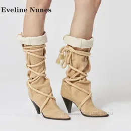 Botas cruzadas de lona amarrada botas de mulher pontiaguda salto de pico puxado no joelho de retalhos de alto tamanho grande sapatos de moda sólida 2024