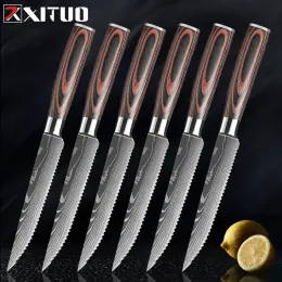 Xituo Steakナイフ、4-6のステーキナイフセット、高カーボンステンレス鋼の鋸歯状のステーキナイフ、木材、樹脂ハンドル、ウエスタンナイフ