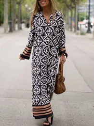Günlük elbiseler kadınlar vintage geometrik baskı mian elbise moda bornoz kadın şık parti yaz v boynu yüksek bel tatil vestidos