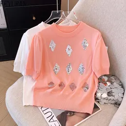 Kadın Sweaters 2024 Yaz Argyle Sequin Kısa Kollu Kazak Örgü T-Shirt Fransızca Şık Triko Üstler Femme Tees Pink Beyaz Çekin