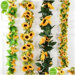 Planters Pots New Sunflower Artificial Flowers Vine Silk Fake Plant Rattan Garland för Wedding Arch Home Garden Decoration Diy Wall Dh0nj