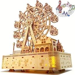 3D Wooden Puzzle Model Ferris Wheel Music BoxAdult Toy Box Builtin LED Crafts Ornaments183 Pcs 240509