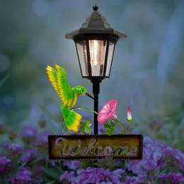 Hummingbird a led solare a croce di benvenuto segnale di benvenuto meteorologio da giardino meteorologico decorazione all'aperto - arredamento per cortile, prato, patio, percorso, cortile |Bianco caldo