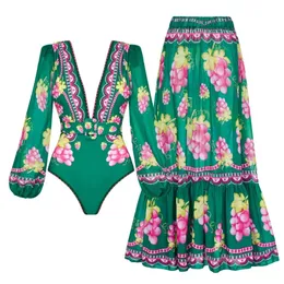 2024 Женщины купальники 2pc Cover-Up Swimsuit Ruffle Dongbei Printed Deep v Огромный монокини кимоно-бикини костюм летняя пляжная одежда 240509