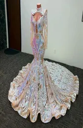 2022 Sparkly Mermaid Modest aftonklänning Långa ärmar Afrikanska paljetter Applique High Neck Robe de Bal Blanche Fishtail Sweep Train 6054311