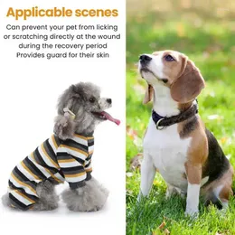 Pijama de saia de vestido de vestuário de cachorro 4 pernas, macio e elástico, prevenir lamber listras de cachorros listrados