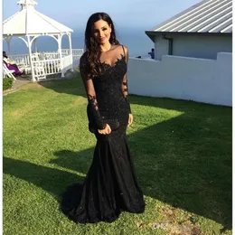 Saudi Arabic Sheer Neck Lace Sequin Se genom sjöjungfru aftonklänningar långärmad applikation Dubai Arabian Party Dresses Prom 0510