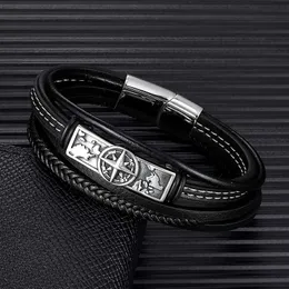 Charm Bracelets Mkendn Viking Style Compass Norse Runen Amulett Männer Mehrschichtige Leder Edelstahl Armband Norse Mythologie Schmuck Y240510