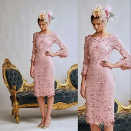 2023 Sexy Short Pink Mother of bride dresses Illusion Full Lace Hand Made Flowers Knee Length Plus Size Party Wedding Guest Gowns Long 202y