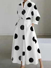 Осеннее платье с длинным рукавом Dot Print Элегантные макси -платья для женщин 2023 Белая повседневная v Шеячатка для рубашки.