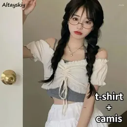 Abiti da lavoro 2 PC Set Women Sweet Girlish Summer Shirring Slash Neck T-shirt camis in stile coreano Fashi