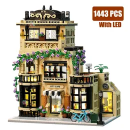 City Street View Modular Coffee Restaurant Retro Flower House مع LED LED MOC Architecture Building Build Sets Toys for Kids 240428