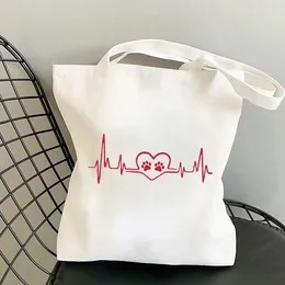 Alışveriş çantaları kalp atışı köpek baskı kadınlar alışveriş çantası tuval bakkal totes sac cabas bolsa yeniden katlanabilir