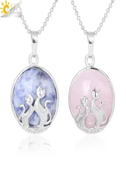 CSJA Lucky Double Cat Kitty Naszyjnik Naturalny Kamień Kamień Wisior dla kobiet ametyst Pink Crystal Lapis Lazuli Romantic Lover Jewel9817669