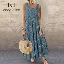 Urban Sexy Dresses Jocoo Jolee Bohemian Maxi Dress Womens Casual Vintage Sleeveless O-Neck Floral Print Loose Skirt Extra Large Beach Sun SkirtL2405