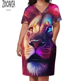 Party Dresses Zocavia Summer Loose Pocket Kirt Fashionabla V-Neck kortärmad tryckt klänning