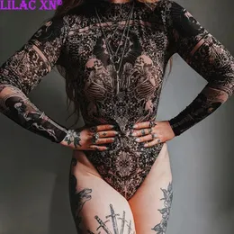 Gotik baskı çıplak bodycon tulumları görme y2k dantel örgü uzun kolu ince bodysuits kadınlar yaz tshirts üstleri sokak kıyafeti 240423