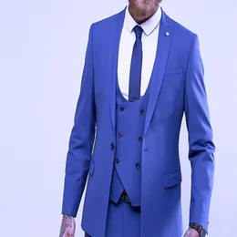 Royal Blue Three Piece Groom Tuxedos Peak Peak Late One Button Man свадебный костюм Отличный мужчина бизнес -ужин выпускной блейшеркат брюк галстук v 302q